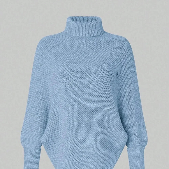 Blue Casual Women's High Neck Batwing Sleeve Sweater - Picture 5 of 8